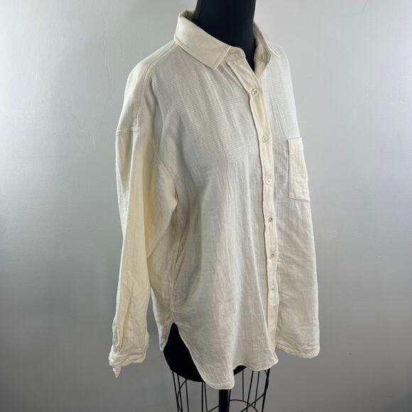 CLOSED Yellow Top Waffle Collared Curved Hem Drop Shoulder Button-Up Size Small - Picture 3 of 7